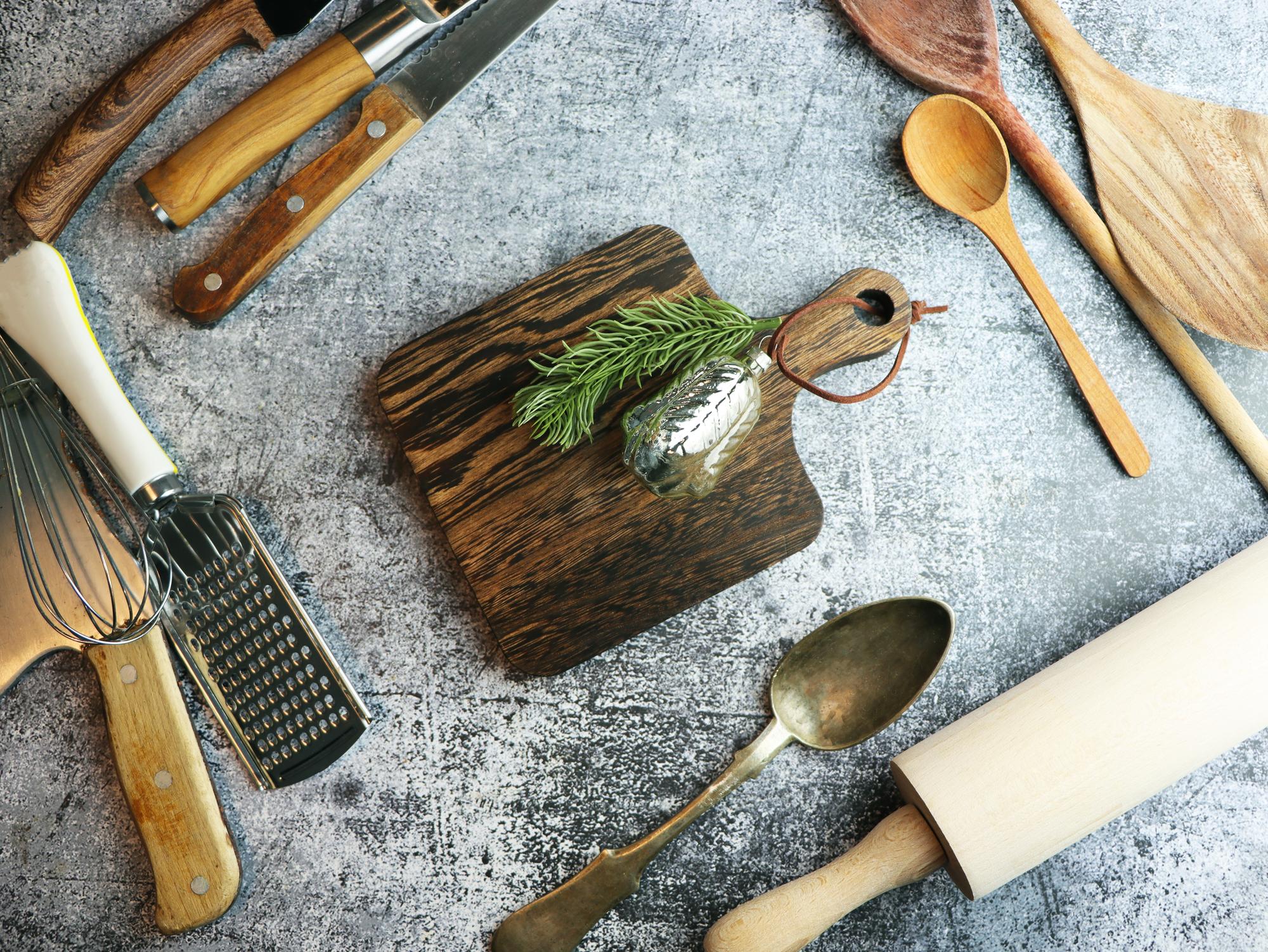 Artisan kitchen workspace with tools and herbs